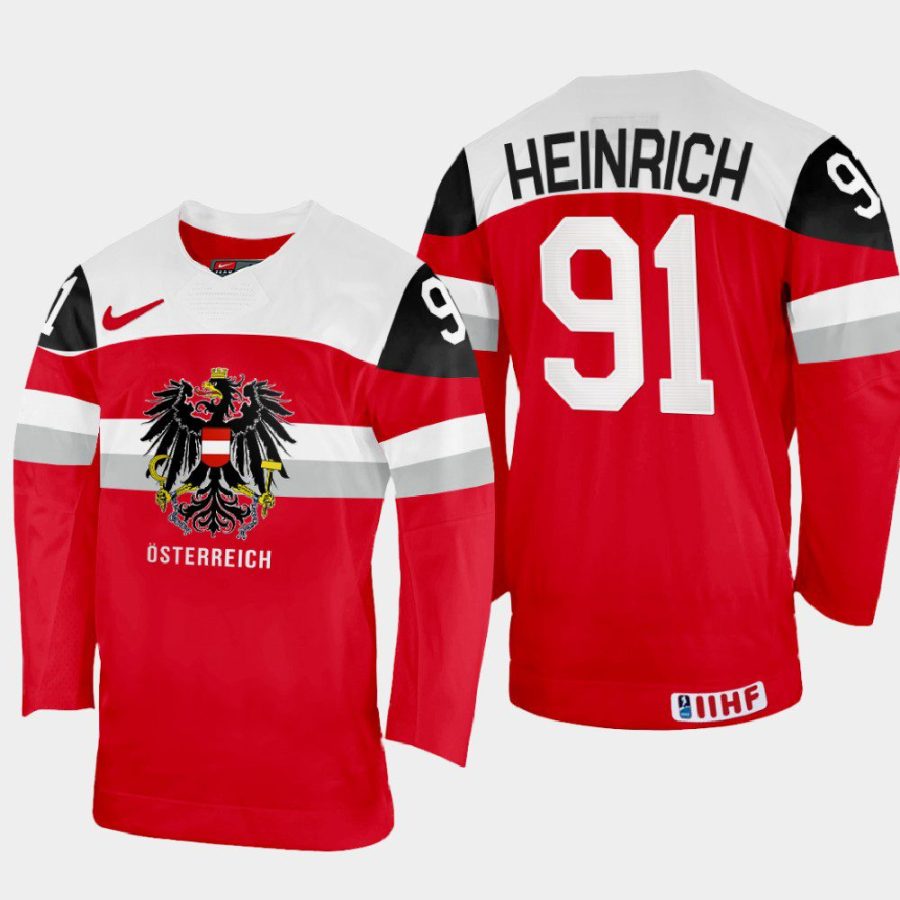 austria hockey dominique heinrich 2022 iihf world championship away jersey red