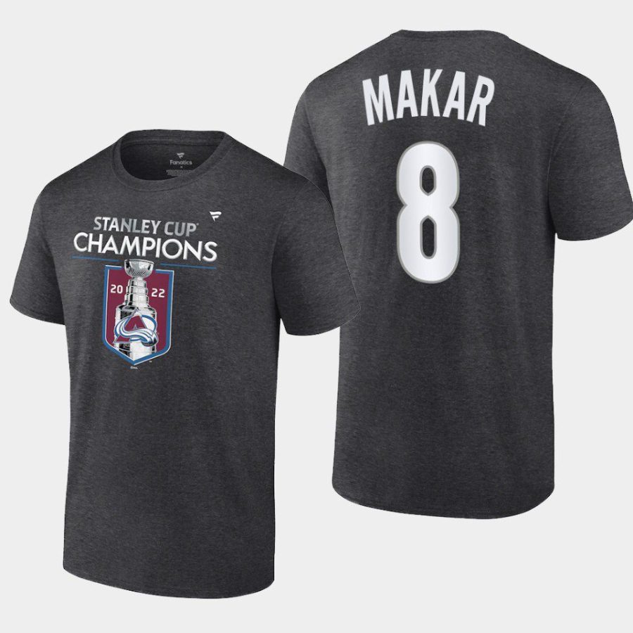 avalanche cale makar charcoal locker room 2022 stanley cup champions t shirt