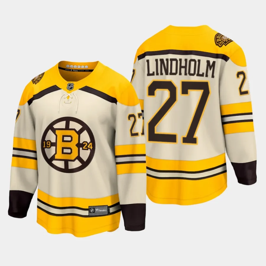 boston bruins hampus lindholm 100th anniversary 2023 24 premier breakaway player jersey cream