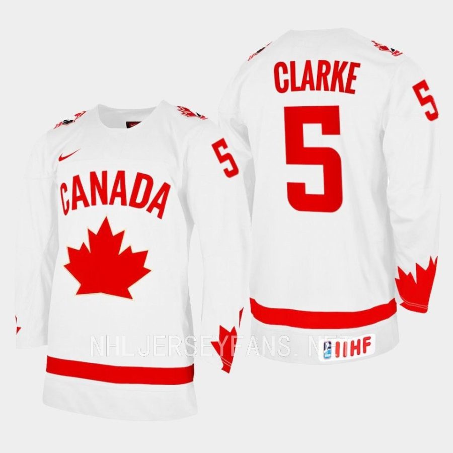 canada hockey brandt clarke 2023 iihf wjc one leaf jersey white