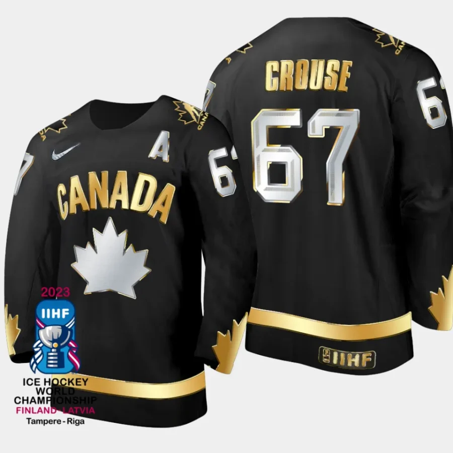 canada hockey lawson crouse 2023 champions du monde men gold trophy jersey black