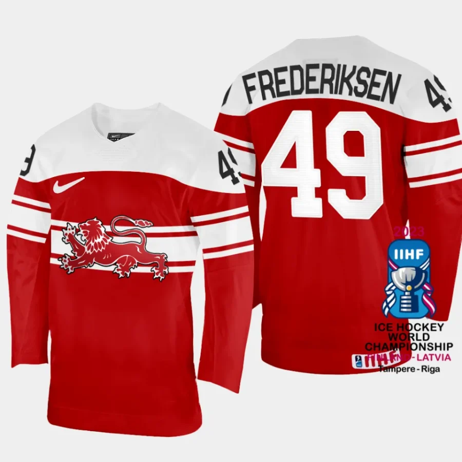 denmark hcokey christopher frederiksen 2023 iihf world championship away jersey red