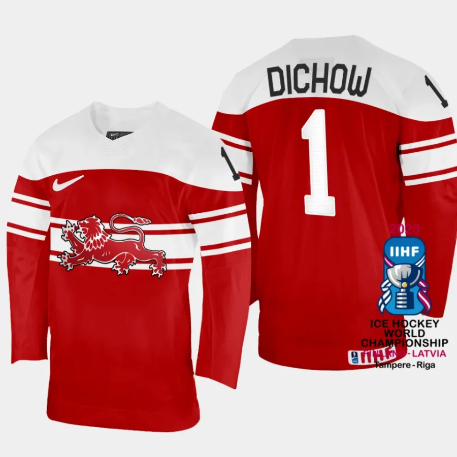 denmark hcokey frederik dichow 2023 iihf world championship away jersey red