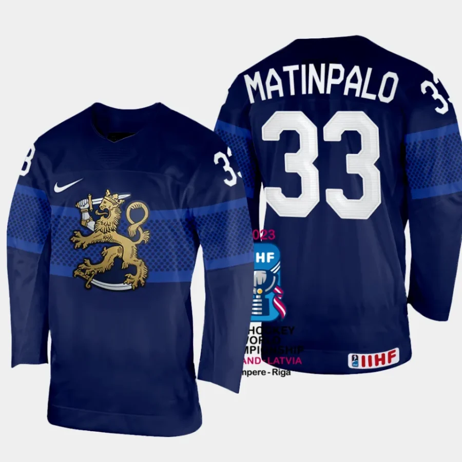 finland hockey nikolas matinpalo 2023 iihf world championship men away jersey navy