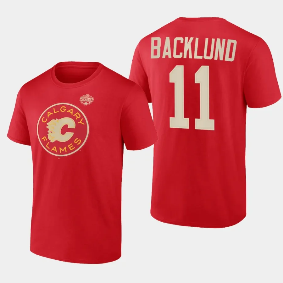 flames mikael backlund red 2023 nhl heritage classic primary logo t shirt