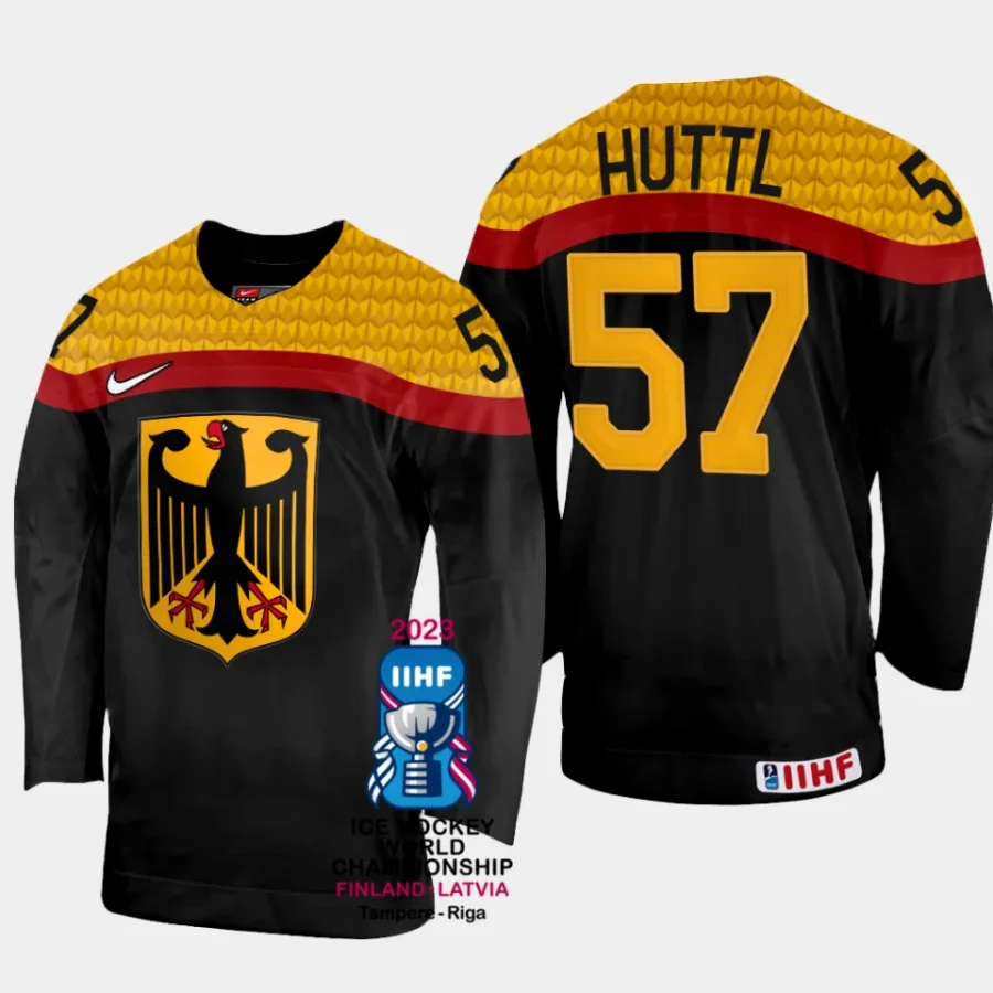 germany hockey leon huttl 2023 iihf world championship men away jersey black