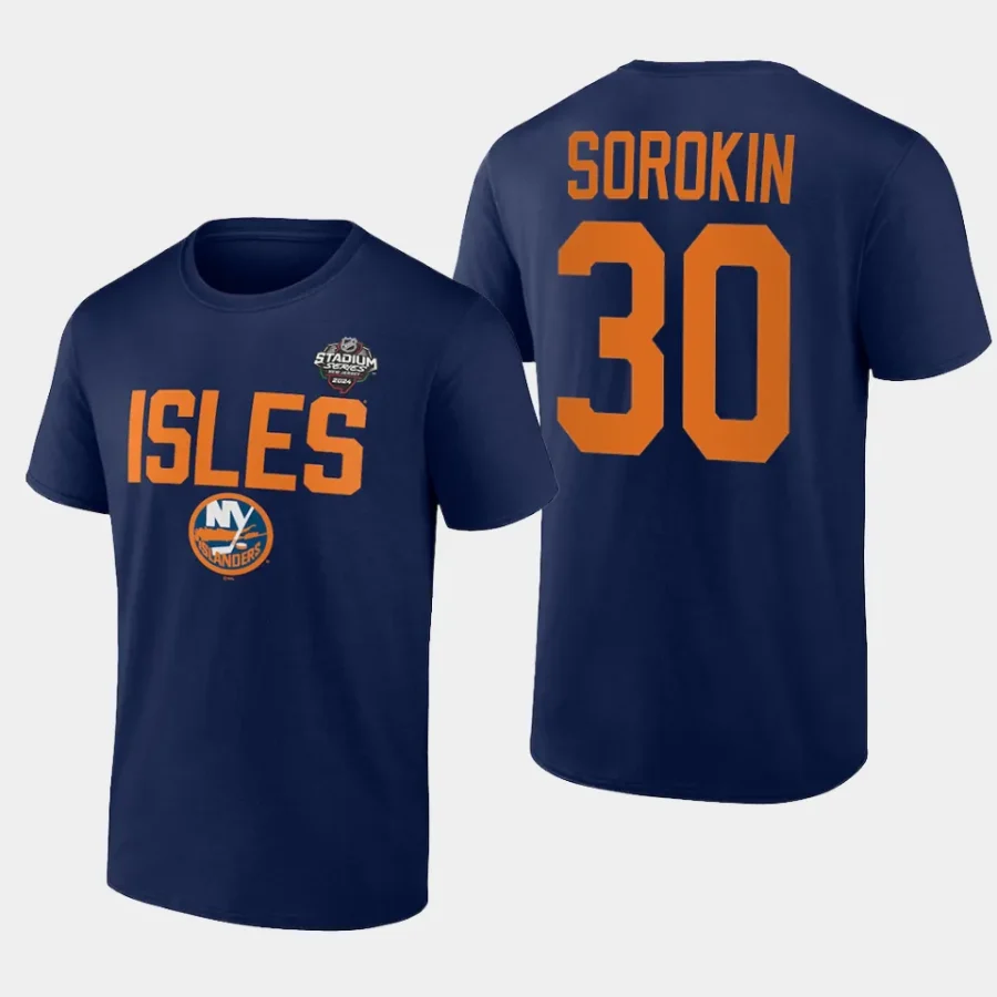 islanders ilya sorokin navy 2024 nhl stadium series logo t shirt