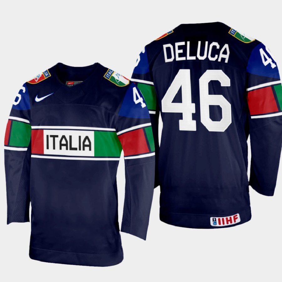 italy hockey ivan deluca 2022 iihf world championship away jersey navy