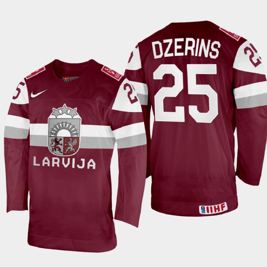 latvia hockey andris dzerins 2022 iihf world championship away jersey maroon