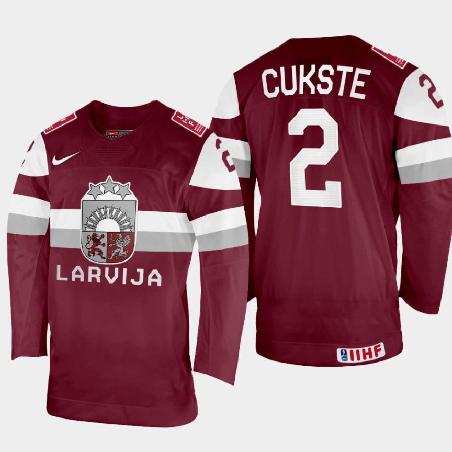 latvia hockey karlis cukste 2022 iihf world championship away jersey maroon