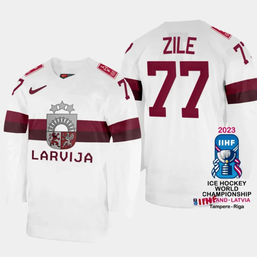 latvia hockey kristaps zile 2023 iihf world championship home jersey white