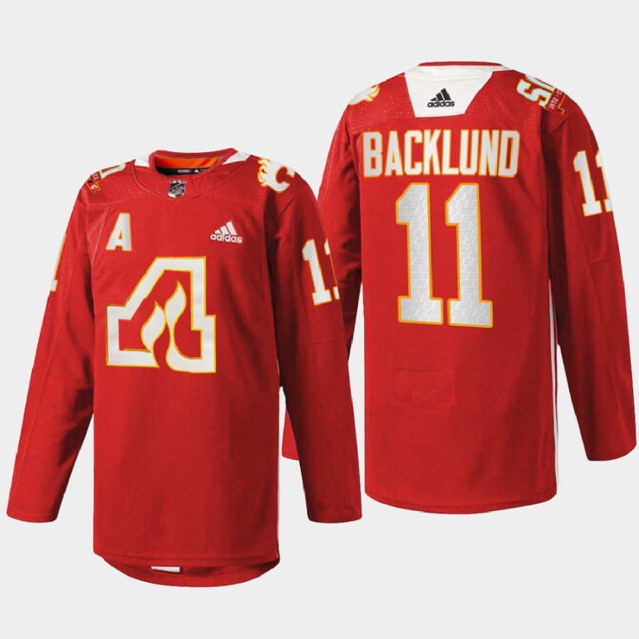 men atlanta flames mikael backlund 2022 warm up 50th anniversary red jersey