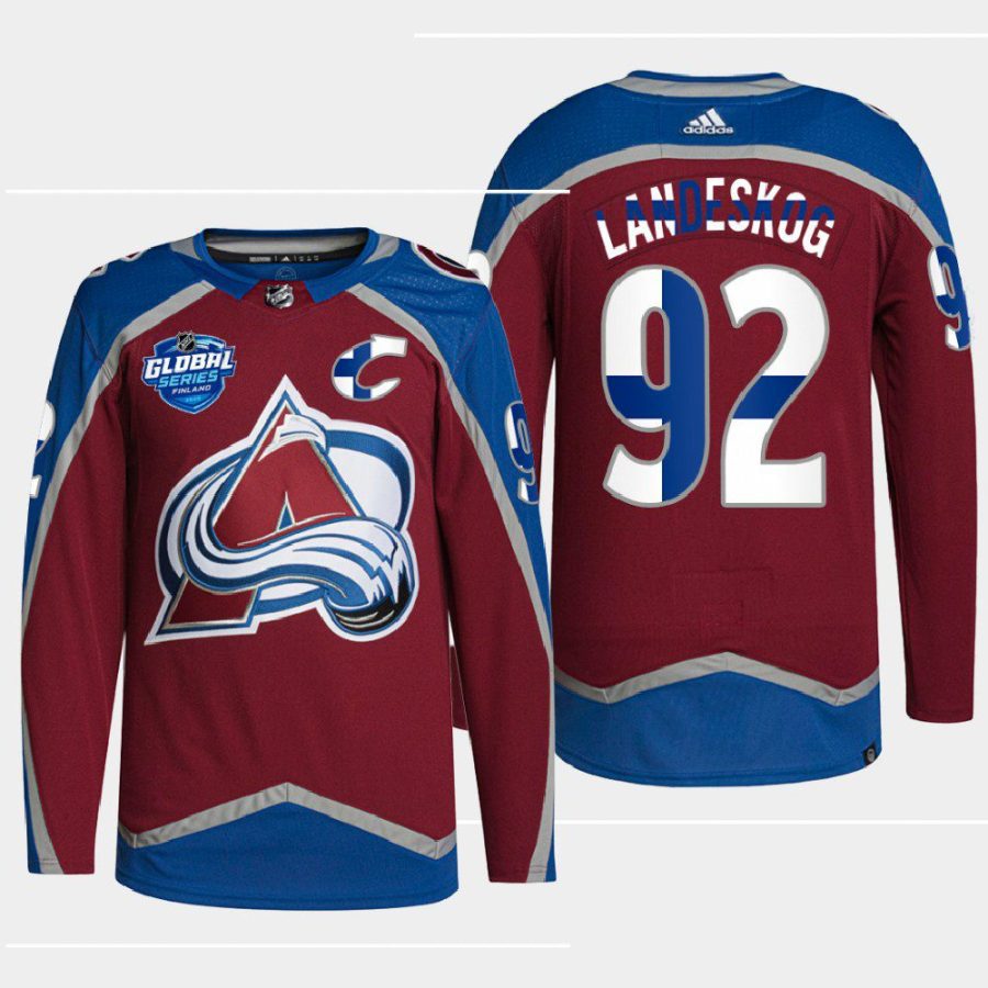 men avalanche gabriel landeskog finland edition 2022 nhl global series burgundy jersey