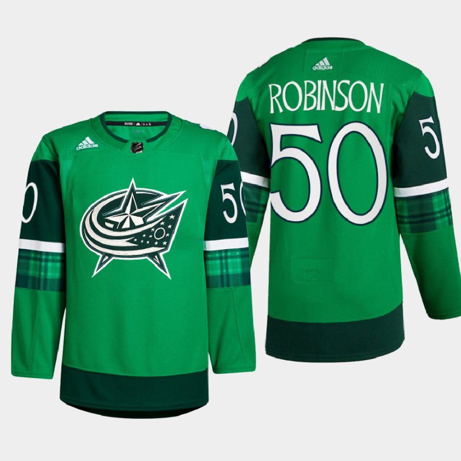 men blue jackets eric robinson warm up st. patricks day 2022 green jersey