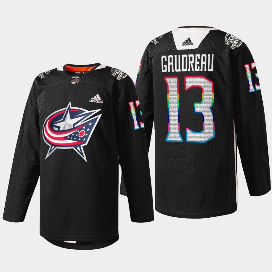 men blue jackets johnny gaudreau 2022 warm up black history month black jersey