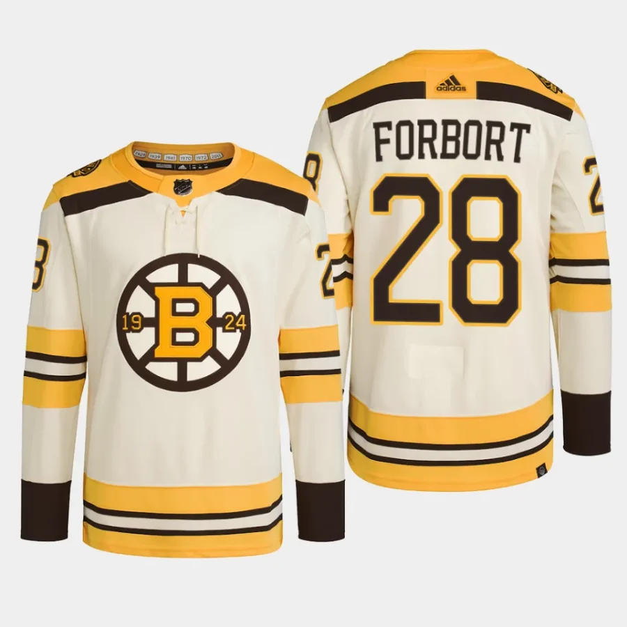 men bruins derek forbort 2023 24 primegreen 100th anniversary authentic player cream jersey