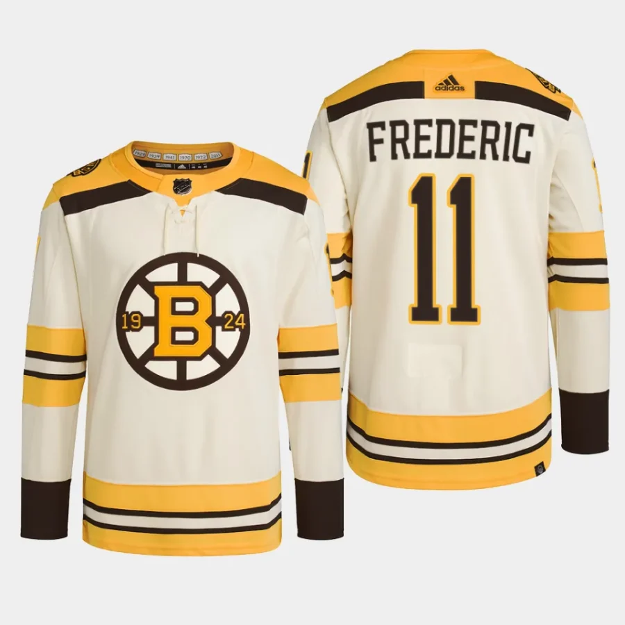 men bruins trent frederic 2023 24 primegreen 100th anniversary authentic player cream jersey