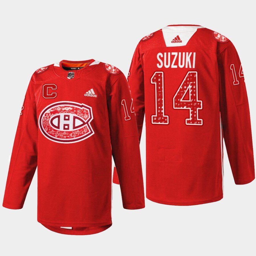 men canadiens nick suzuki warmup indigenous celebration night 2023 red jersey