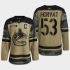 men canucks bo horvat camo warm up 2022 armed forces green jersey