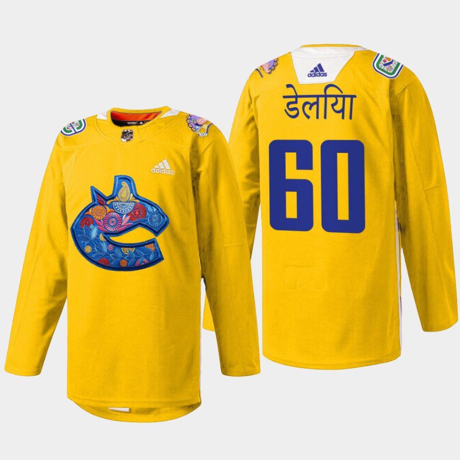 men canucks collin delia 2022 warmup diwali night yellow jersey