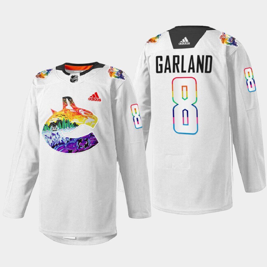 men canucks conor garland 2022 mio artwork warmup pride night white jersey