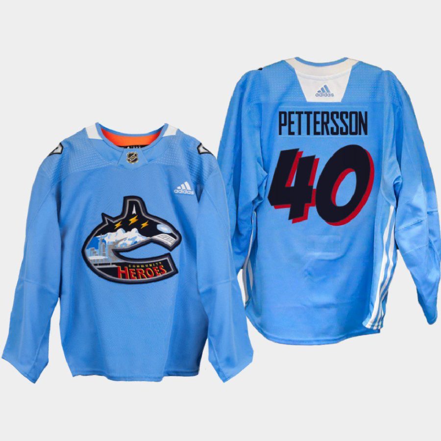 men canucks elias pettersson 2022 warm up community heroes blue jersey