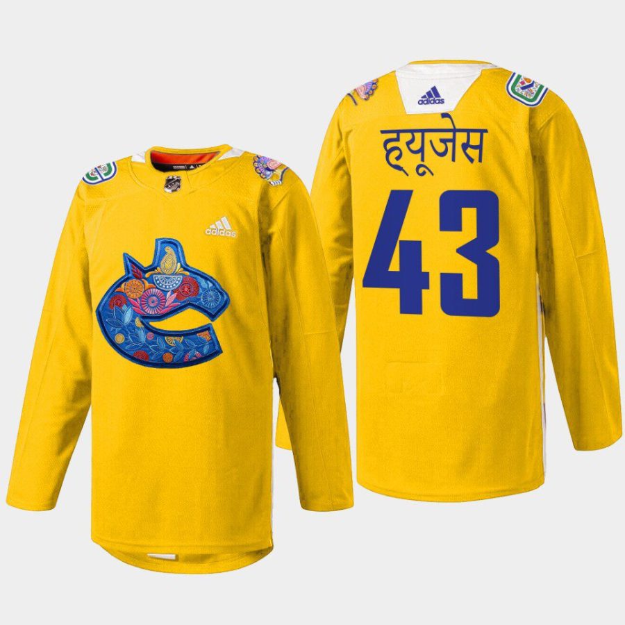 men canucks quinn hughes 2022 warmup diwali night yellow jersey