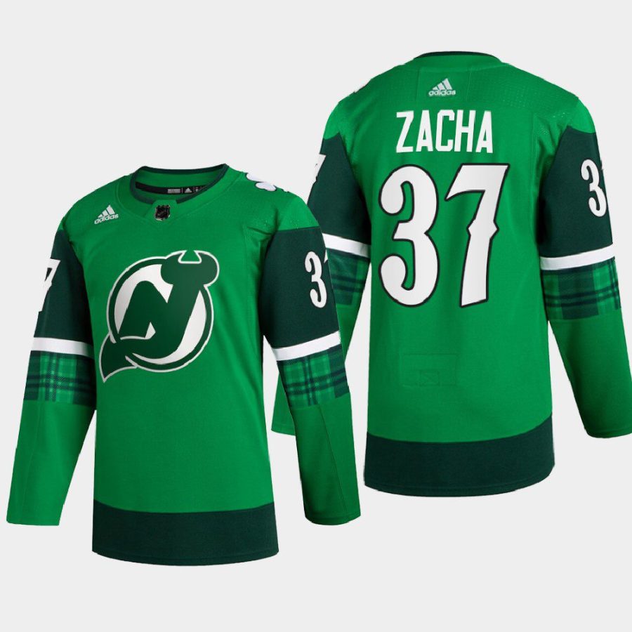 men devils pavel zacha warm up st patricks day 2022 green jersey