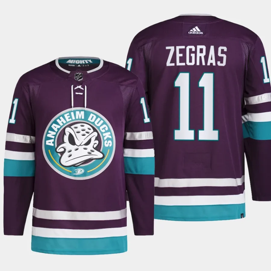 men ducks trevor zegras 2023 24 primegreen 30th anniversary authentic pro purple jersey