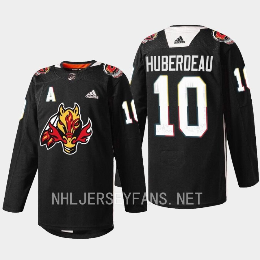 men flames jonathan huberdeau 2023 warmup indigenous celebration night black jersey