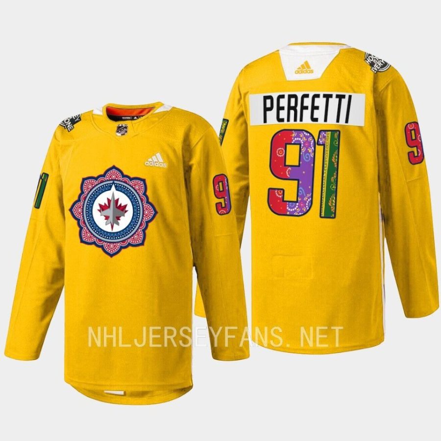 men jets cole perfetti warmup south asian heritage night 2023 gold jersey