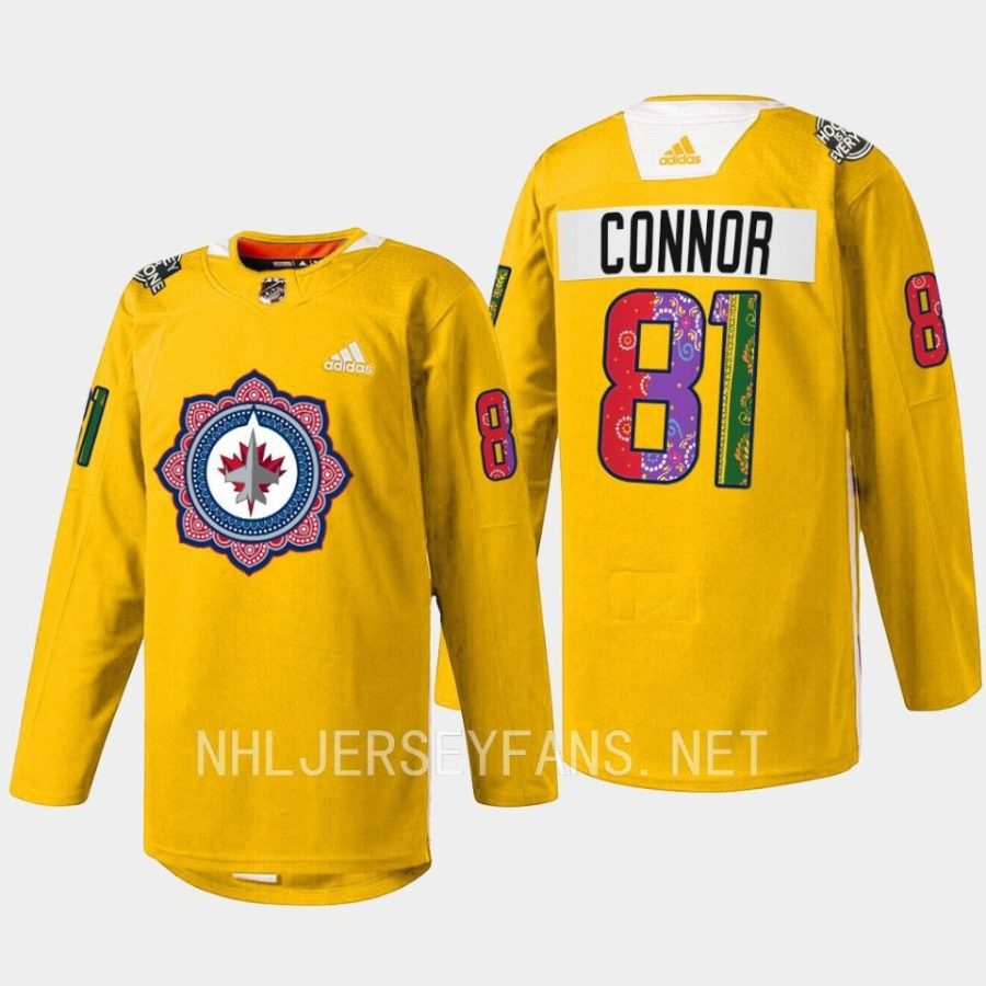 men jets kyle connor warmup south asian heritage night 2023 gold jersey