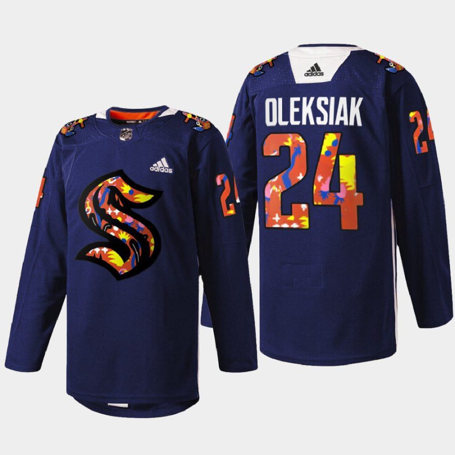 men kraken jamie oleksiak 2022 stevie artwork warmup women of hockey navy jersey