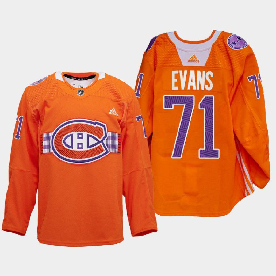 men les canadiens jake evans warmup indigenous celebration night 2022 orange jersey