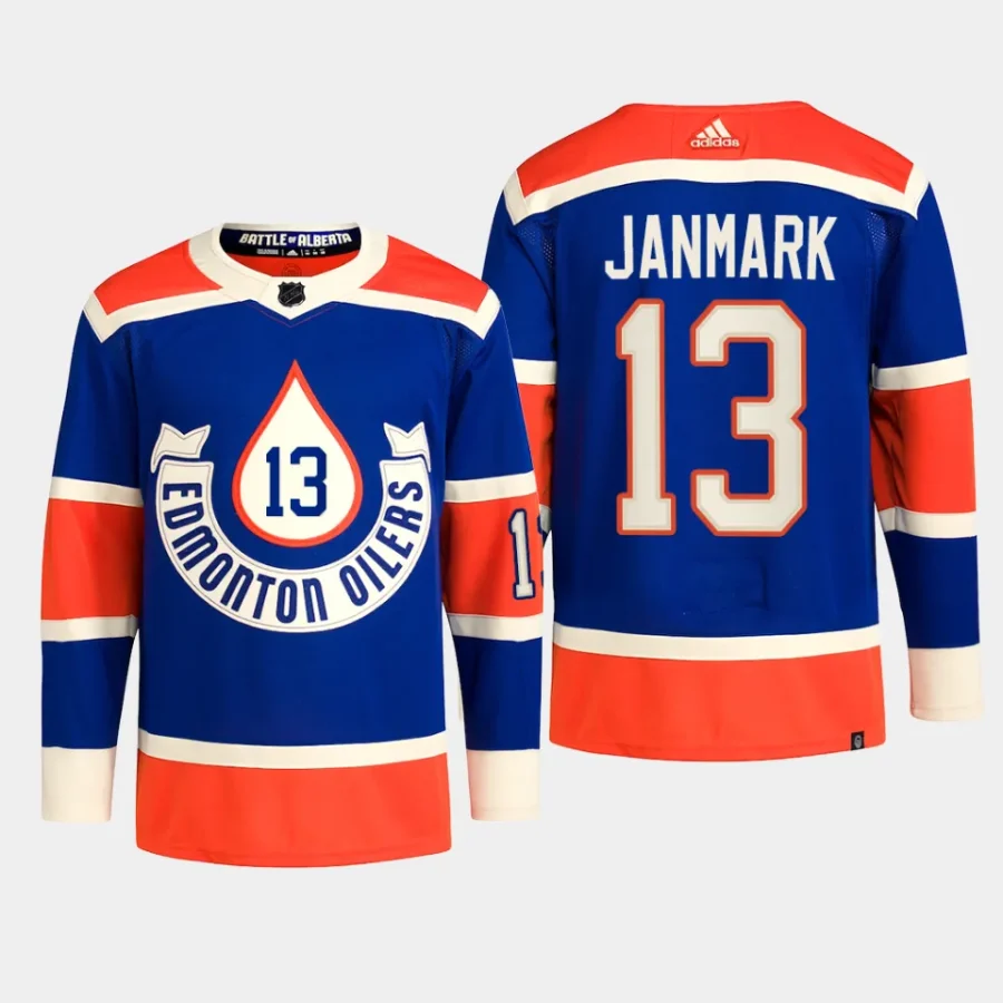 men oilers mattias janmark primegreen 2023 nhl heritage classic authentic player royal jersey