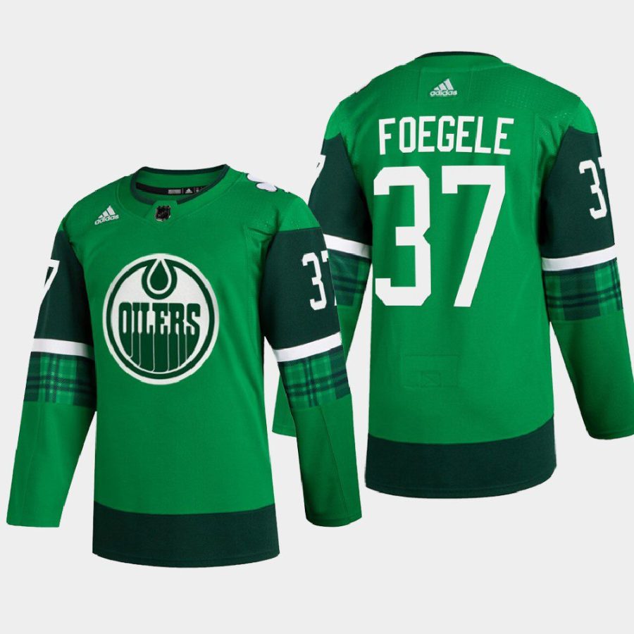 men oilers warren foegele warm up 2022 st. patrick green jersey