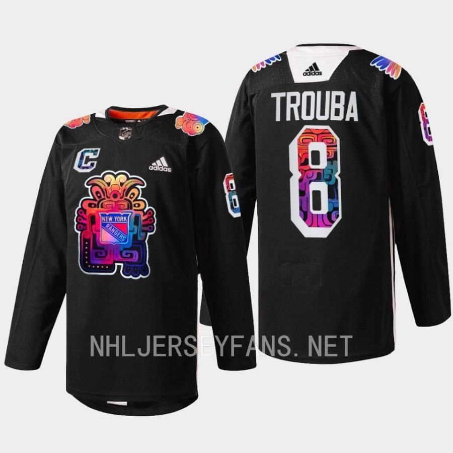 men rangers jacob trouba warmups hispanic heritage night 2022 black jersey