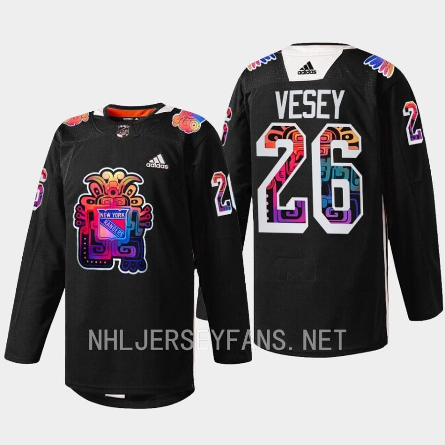 men rangers jimmy vesey warmups hispanic heritage night 2022 black jersey