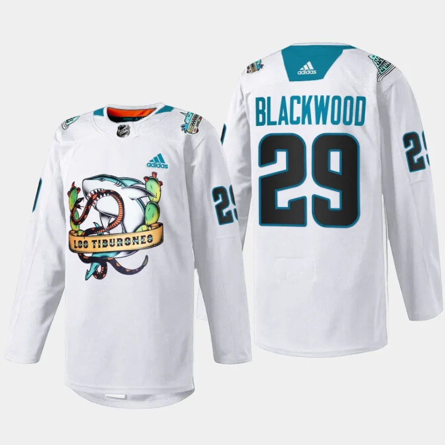 men sharks mackenzie blackwood special 2023 los tiburones white jersey