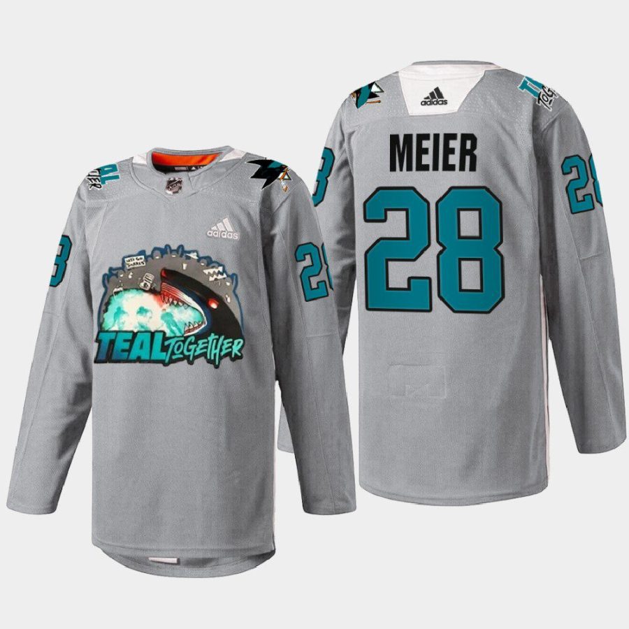 men sharks timo meier teal togehter fan appreciation 2022 gray jersey