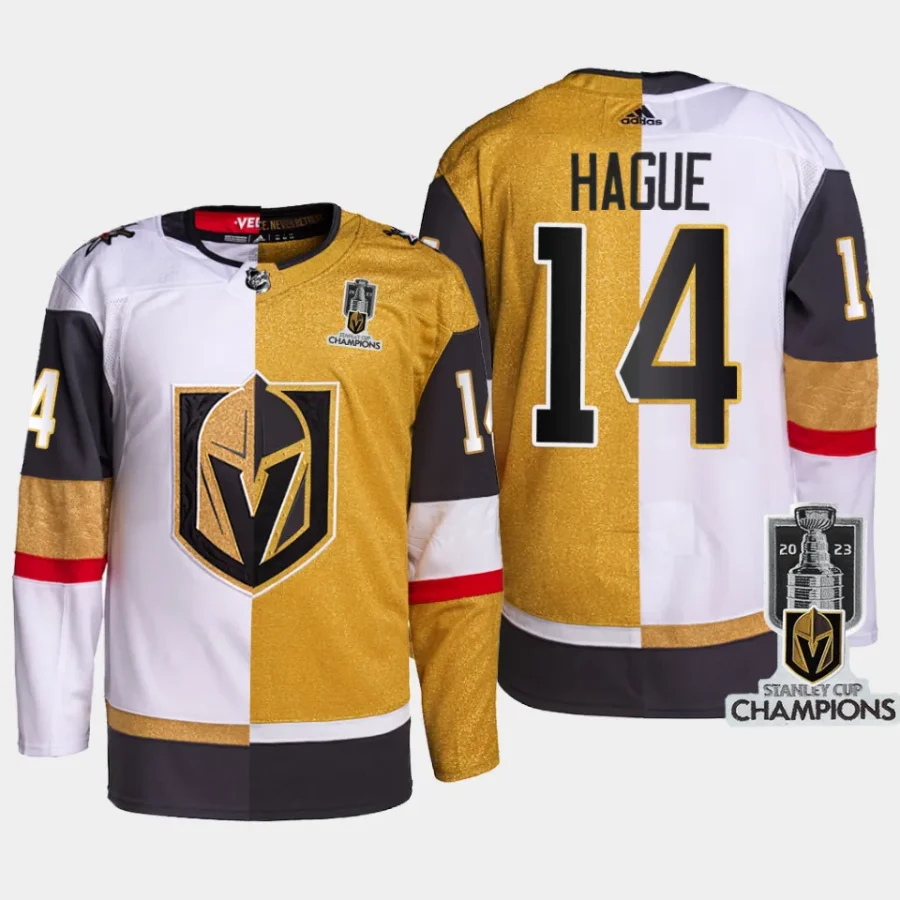 men vgk nicolas hague split 2023 stanley cup champions authentic white gold jersey