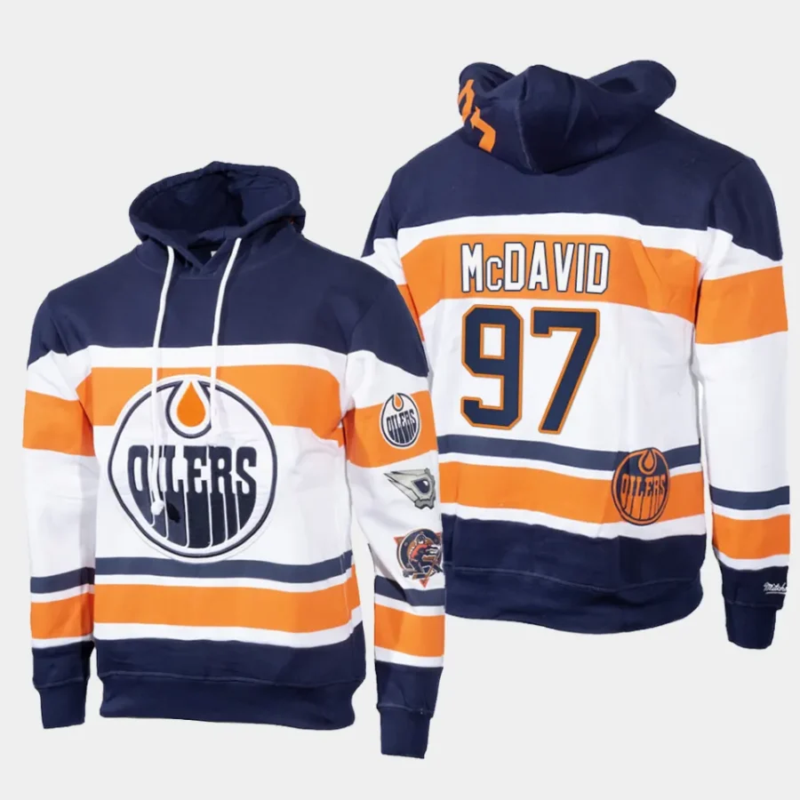 oilers connor mcdavid navy white mitchell ness pullover name number hoodie