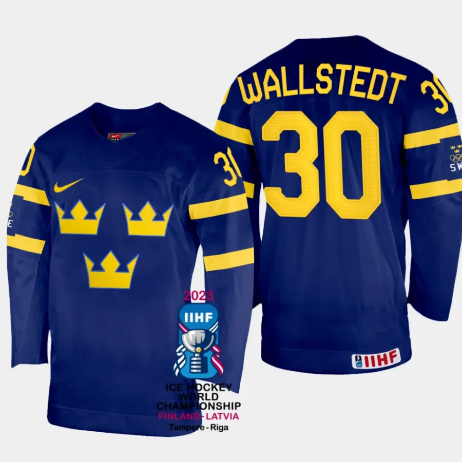 sweden hockey jesper wallstedt 2023 iihf world championship men away jersey navy