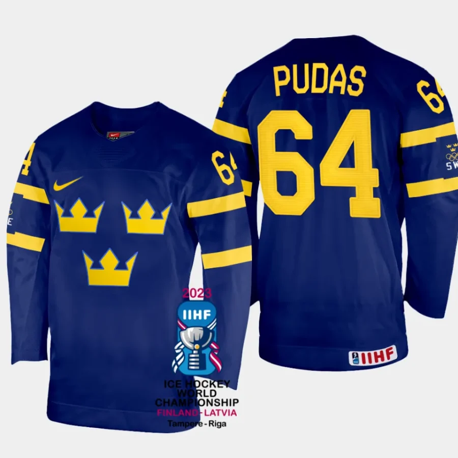 sweden hockey jonathan pudas 2023 iihf world championship men away jersey navy