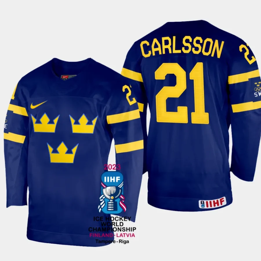 sweden hockey leo carlsson 2023 iihf world championship men away jersey navy