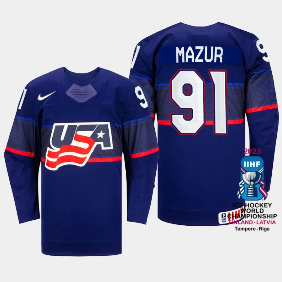 usa hockey carter mazur 2023 iihf world championship men away jersey blue