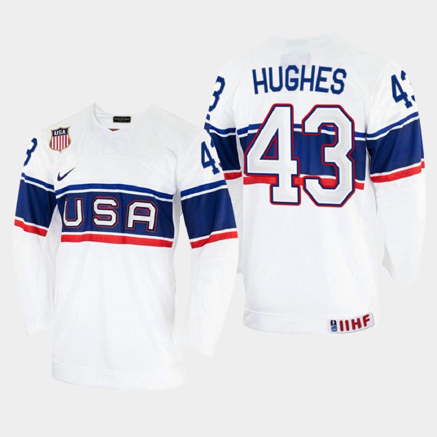 usa hockey luke hughes 2022 iihf world championship home jersey white