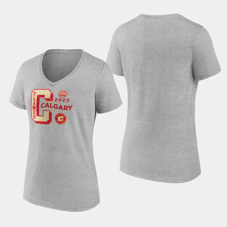 women calgary flames 2023 nhl heritage classic gray v neck wordmark t shirt