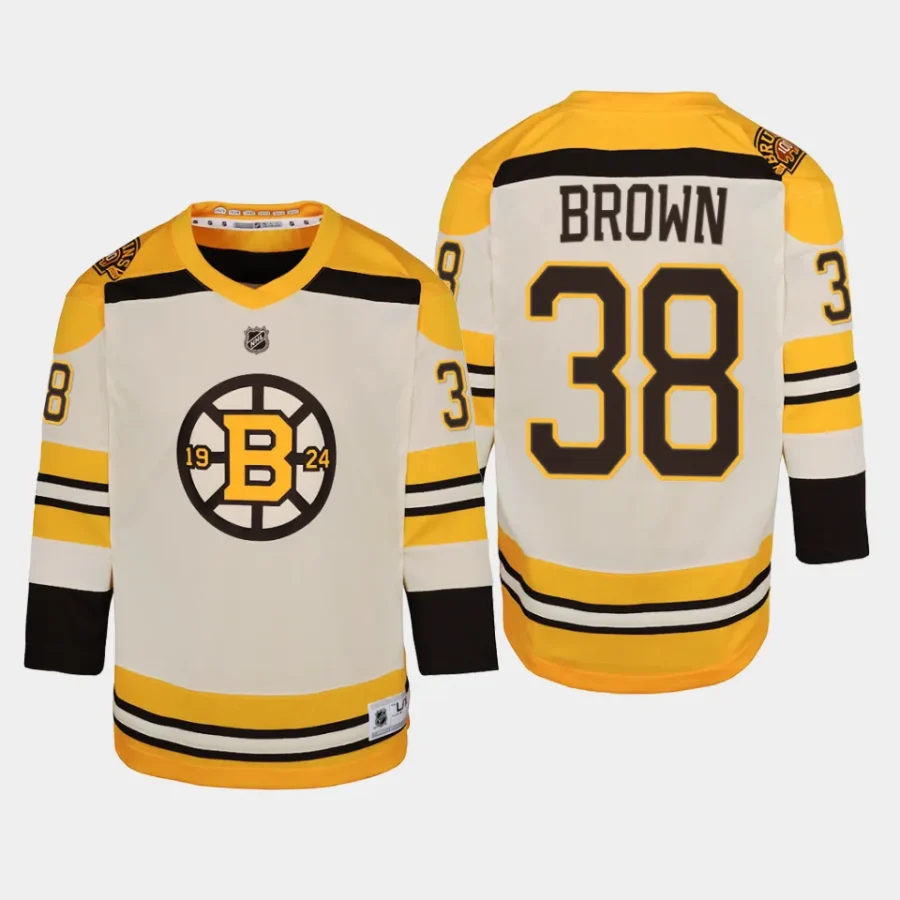 youth bruins patrick brown cream 2023 24 100th anniversary premier player jersey