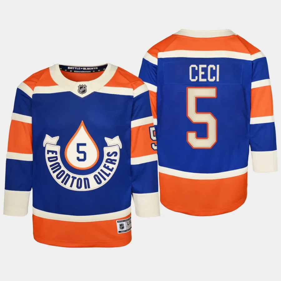 youth oilers cody ceci royal 2023 nhl heritage classic premier player jersey